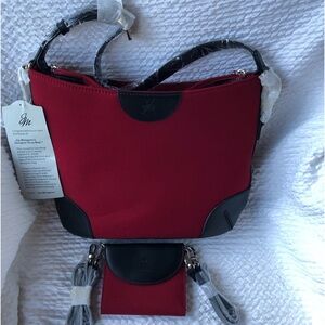 Joy Mangano’s Designer Drop Bag N.W.T. + Shoulder Mini Wallet Rich Red Color.